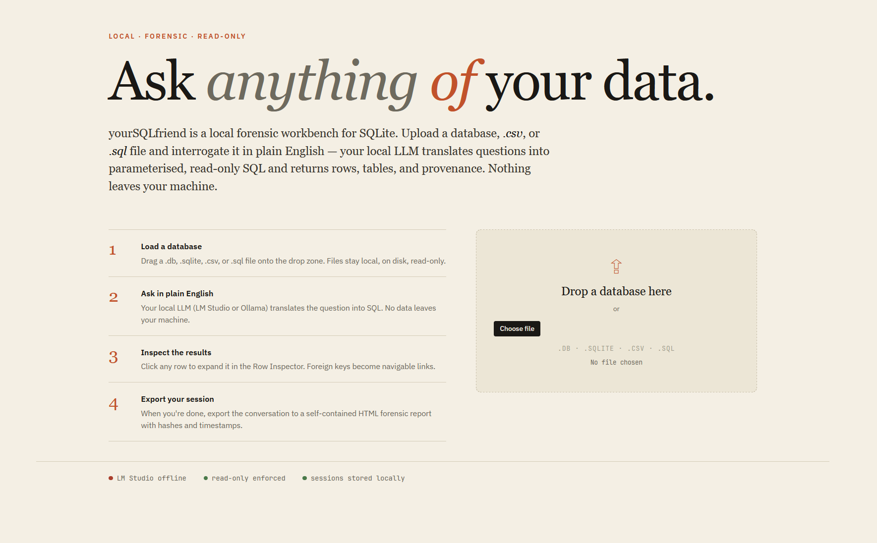 yourSQLfriend — load a database and get started