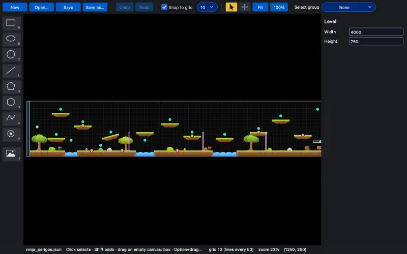 The level editor with the Ninja IV level open: the view zooms in, three platforms are selected with a box and lifted together, then a star point is selected and its group shows in the side panel.