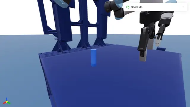 Geodude, a bimanual robot on a worktable, reaches for a blue cylinder and closes its hand on it; contact points and red force arrows appear where its fingers touch the cylinder.