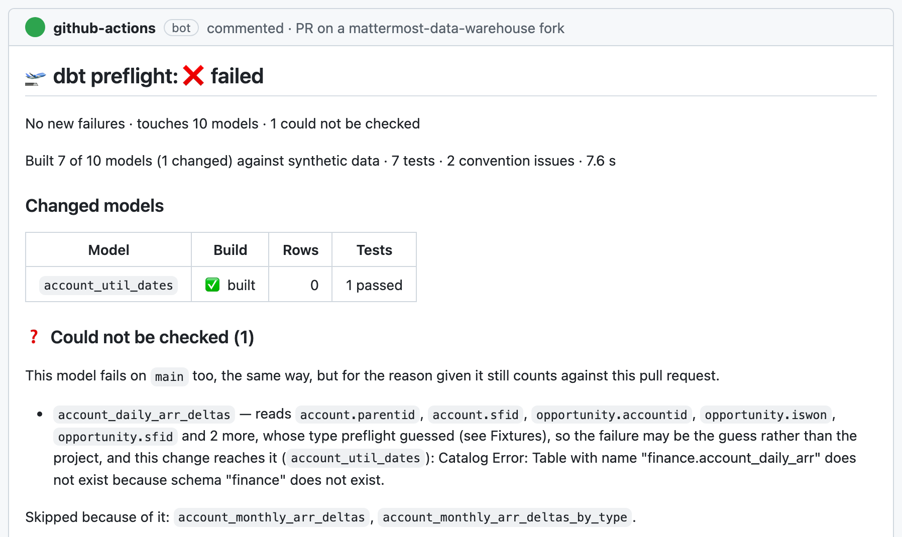 A preflight comment that fails a pull request because one model could not be checked: it fails on main too, but the change reaches it from upstream and it reads columns whose type preflight guessed