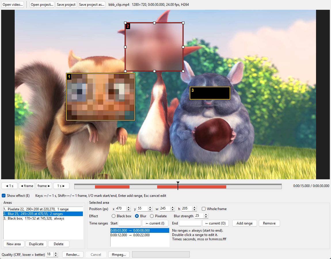blurbox with three areas on a frame of Big Buck Bunny: a face pixelated, a head blurred, eyes covered by a black bar