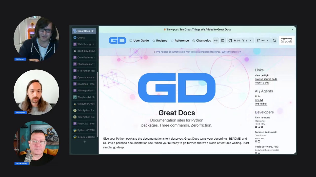 Watch the Great Docs live stream on Talk Python