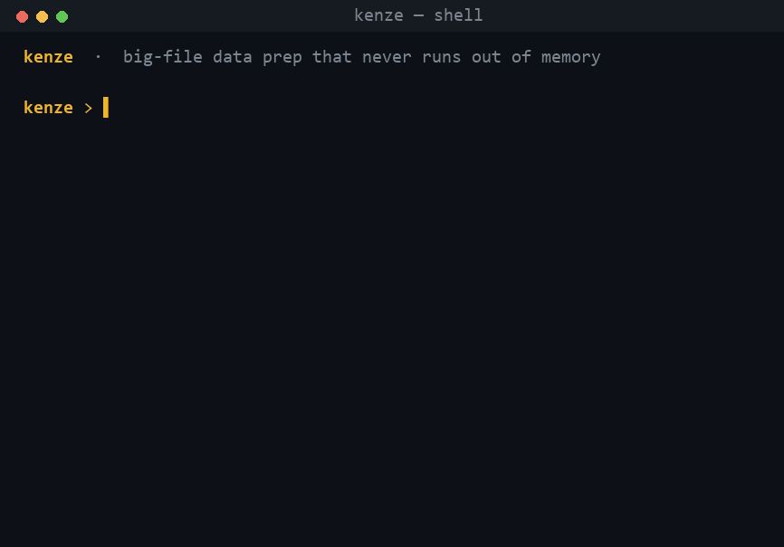 kenze in action — load, filter, plot and run a 60M-row file without ever running out of memory