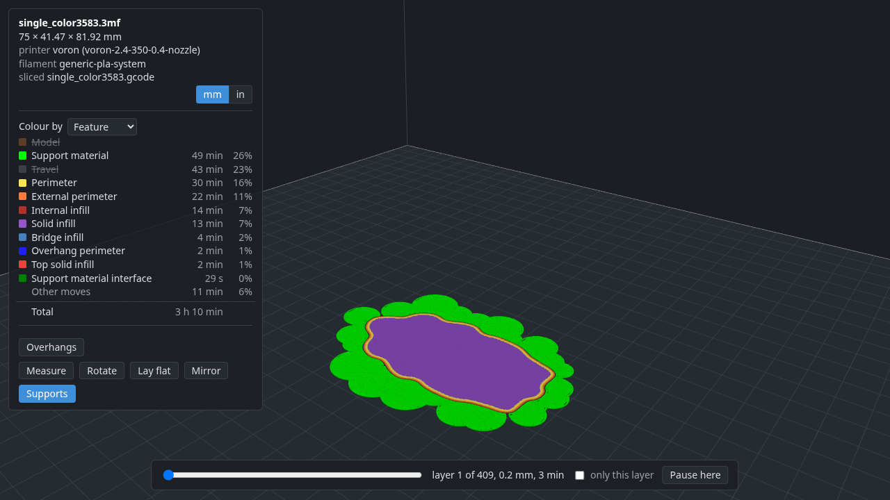 deli view in a browser: a sliced model with organic supports building up layer by layer, coloured by what each extrusion is for; the supports hidden and shown again from the legend; then one layer at a time with "only this layer"