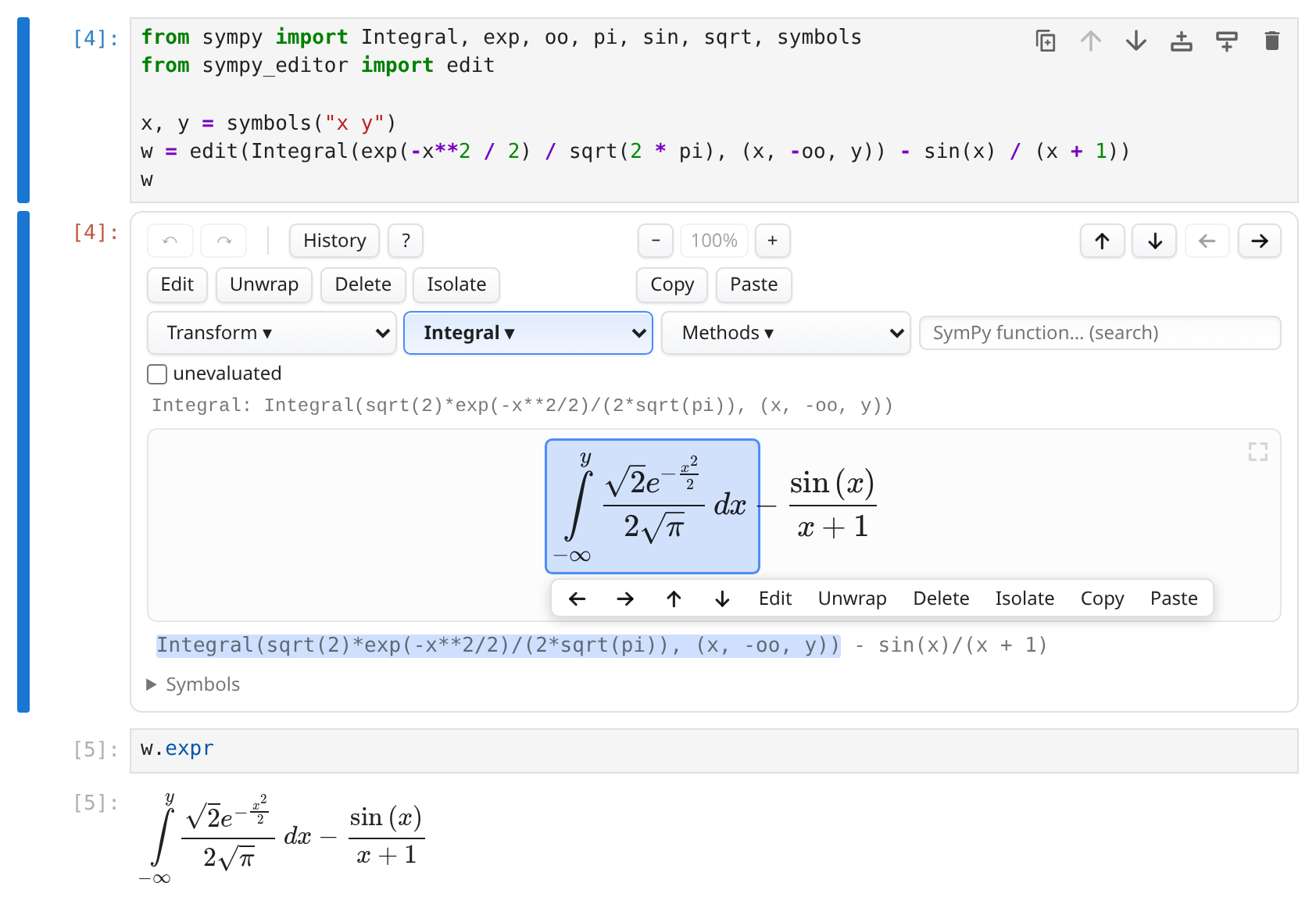 The widget in JupyterLab: the integral inside a larger expression is selected, with the toolbar ready to transform that piece