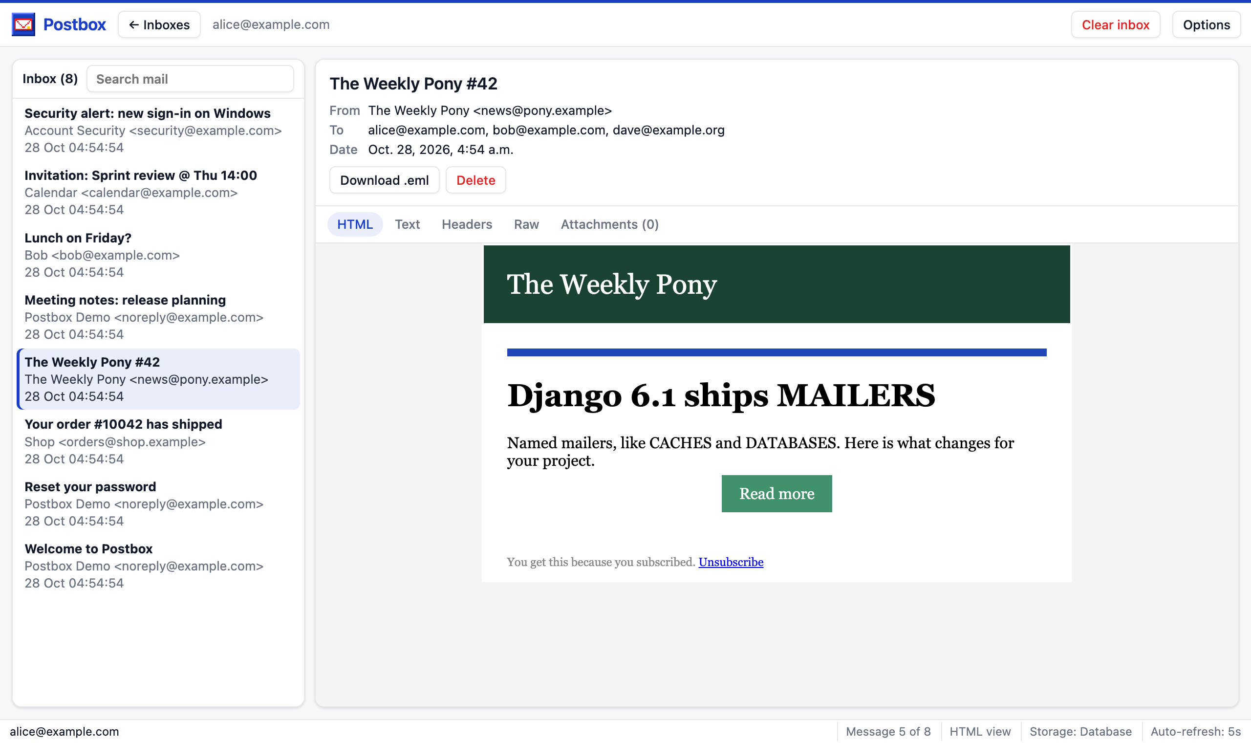 An inbox with the newsletter mail open, modern theme