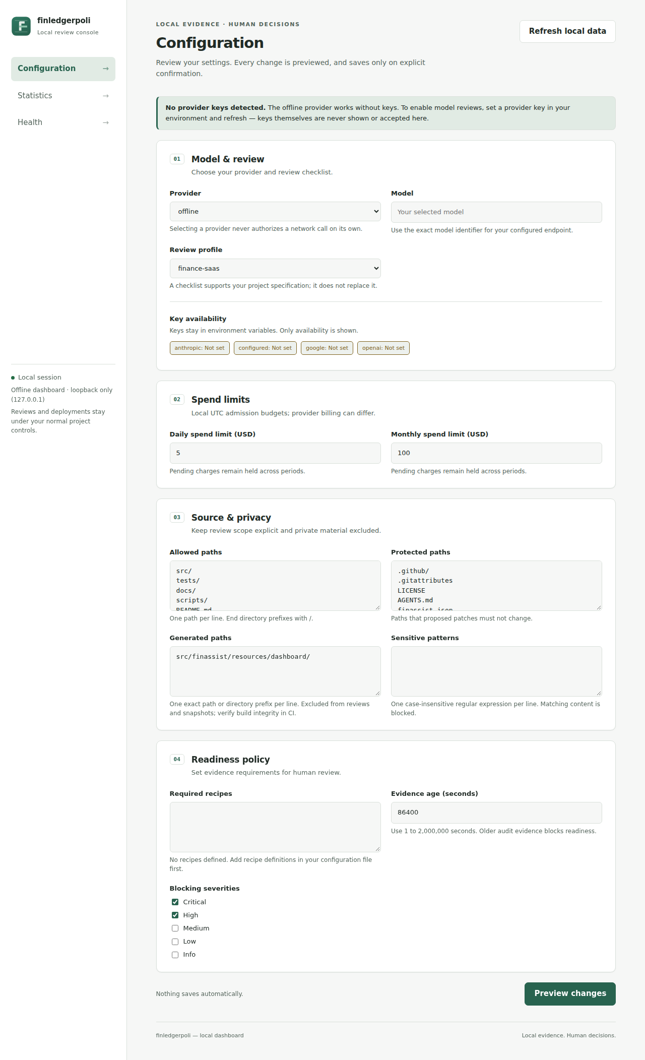 Configuration: offline provider, key availability and spend limits