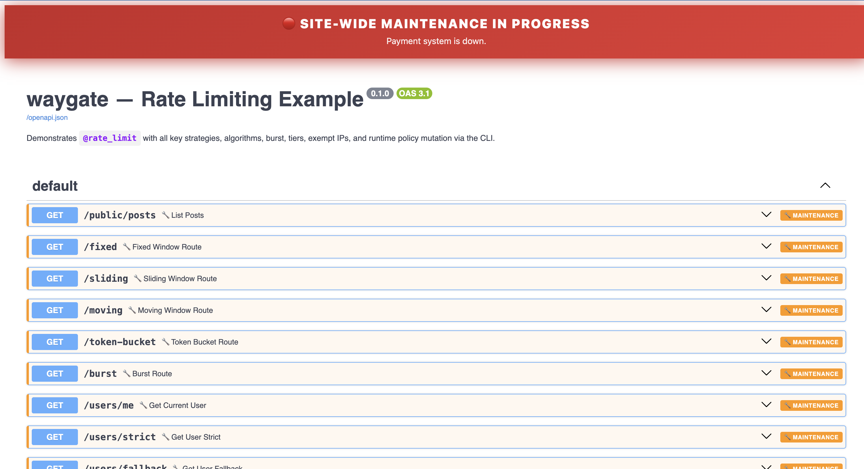 Switchly maintenance banner in Swagger UI