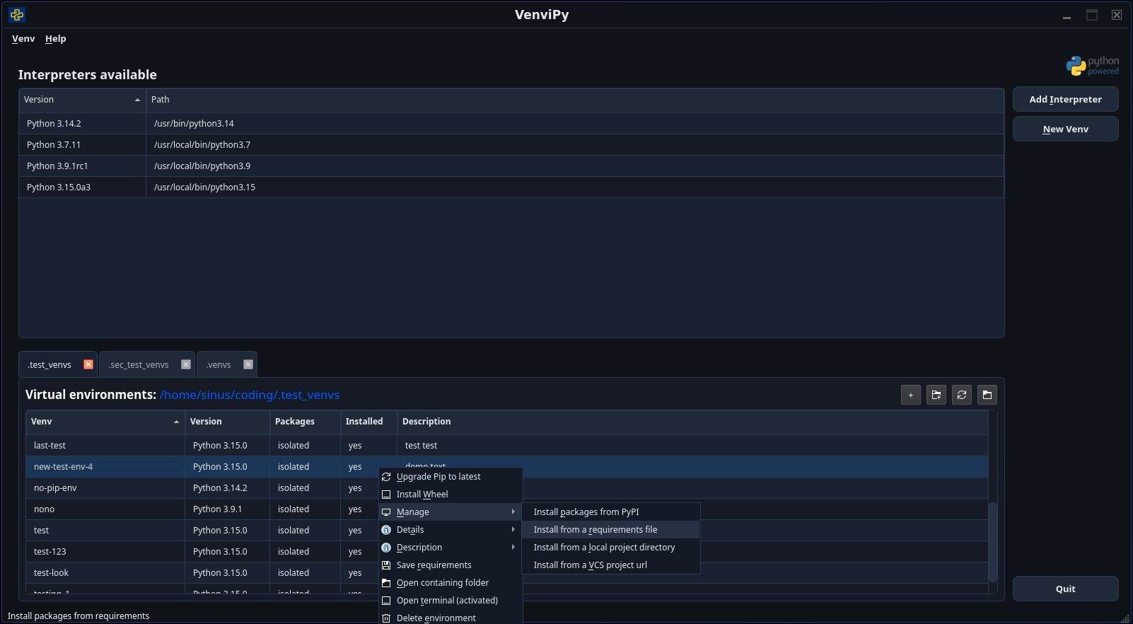 Application Main menu screenshot