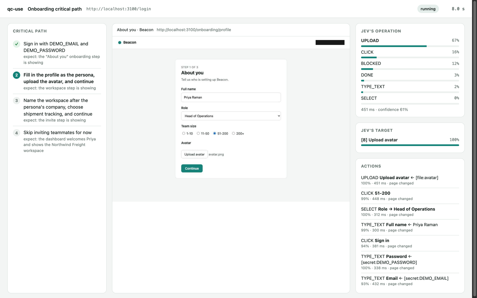The qc-use live view during a run: the critical path steps on the left, the page in the middle, and Jev's choices on the right
