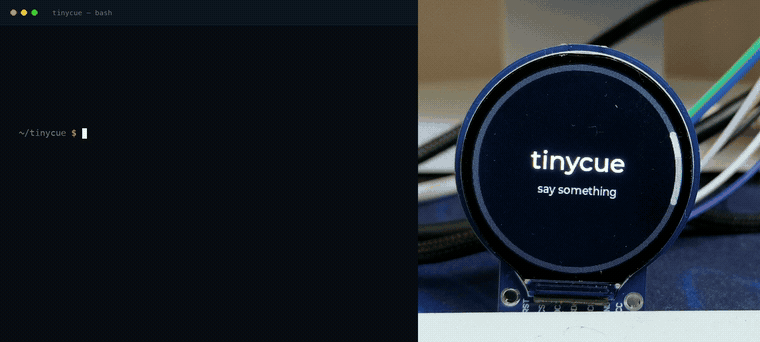 A terminal on the left sends two sentences to a classic ESP32 with a round screen on the right, and the board answers both. The first lights the screen green at confidence 0.997. The second comes back at 0.668 with unsure true, and the screen turns amber and asks instead of acting.