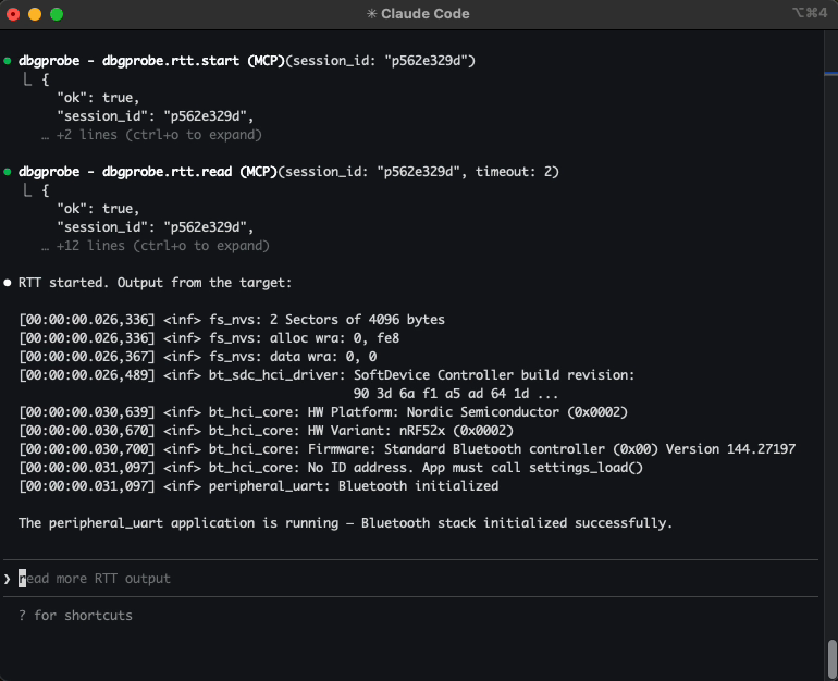 RTT streaming Zephyr boot log from target