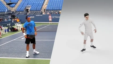 A tennis serve beside the same motion on a Mixamo character, split on a diagonal