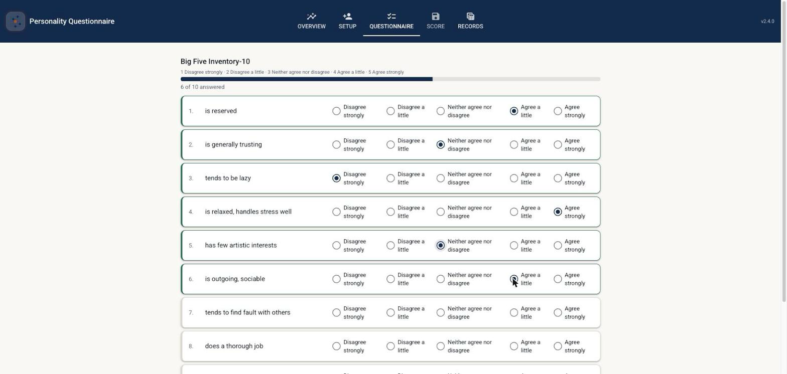 BFI-10 loaded on the Questionnaire tab