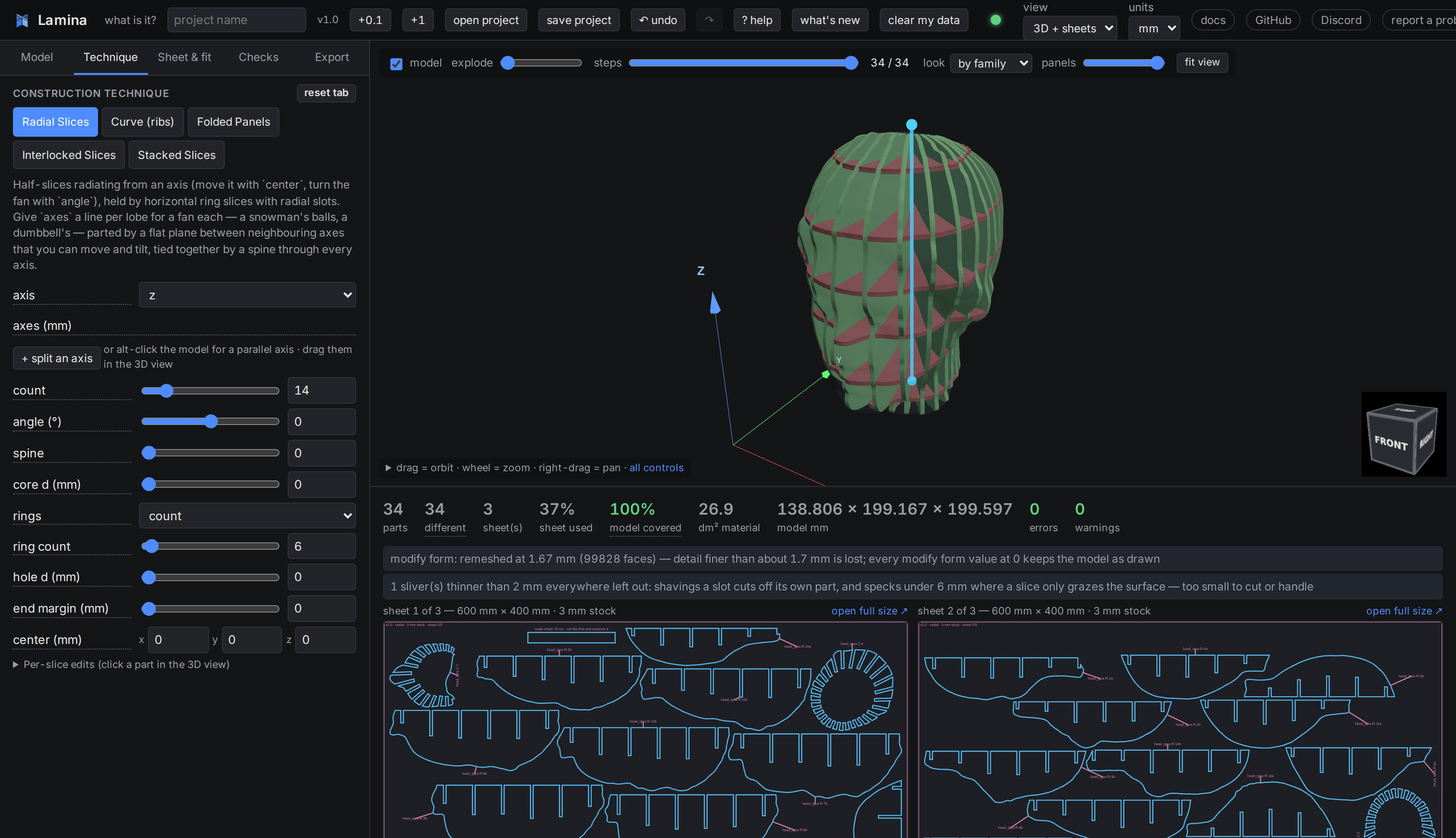 The Lamina interface: parameters on the left, a 3D preview of a radially sliced head, cut sheets below