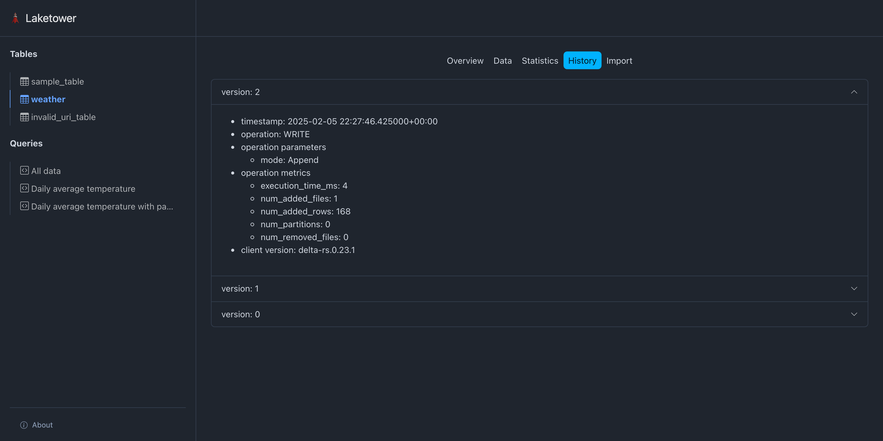 Laketower UI - Tables History