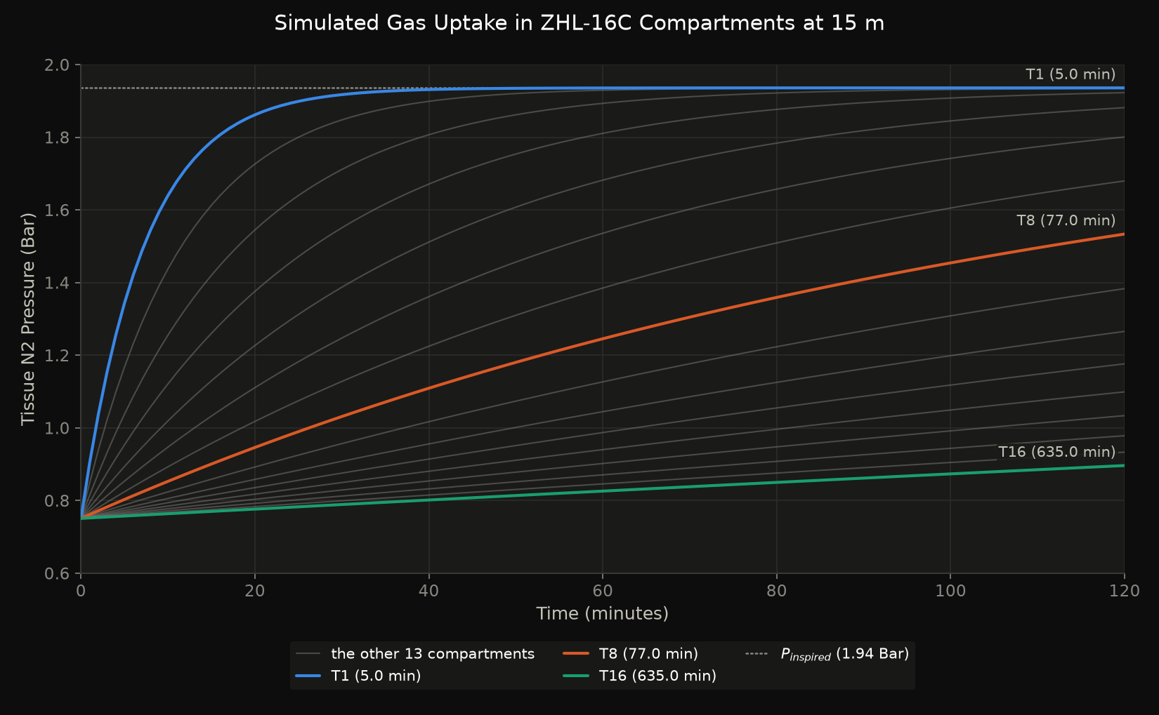 Nitrogen loading curves for all 16 ZHL-16C compartments held at 15 m. Compartments 1, 8 and 16 are highlighted; the other 13 recede into a grey ensemble. The fastest saturates within 40 minutes, the slowest has barely moved in 120