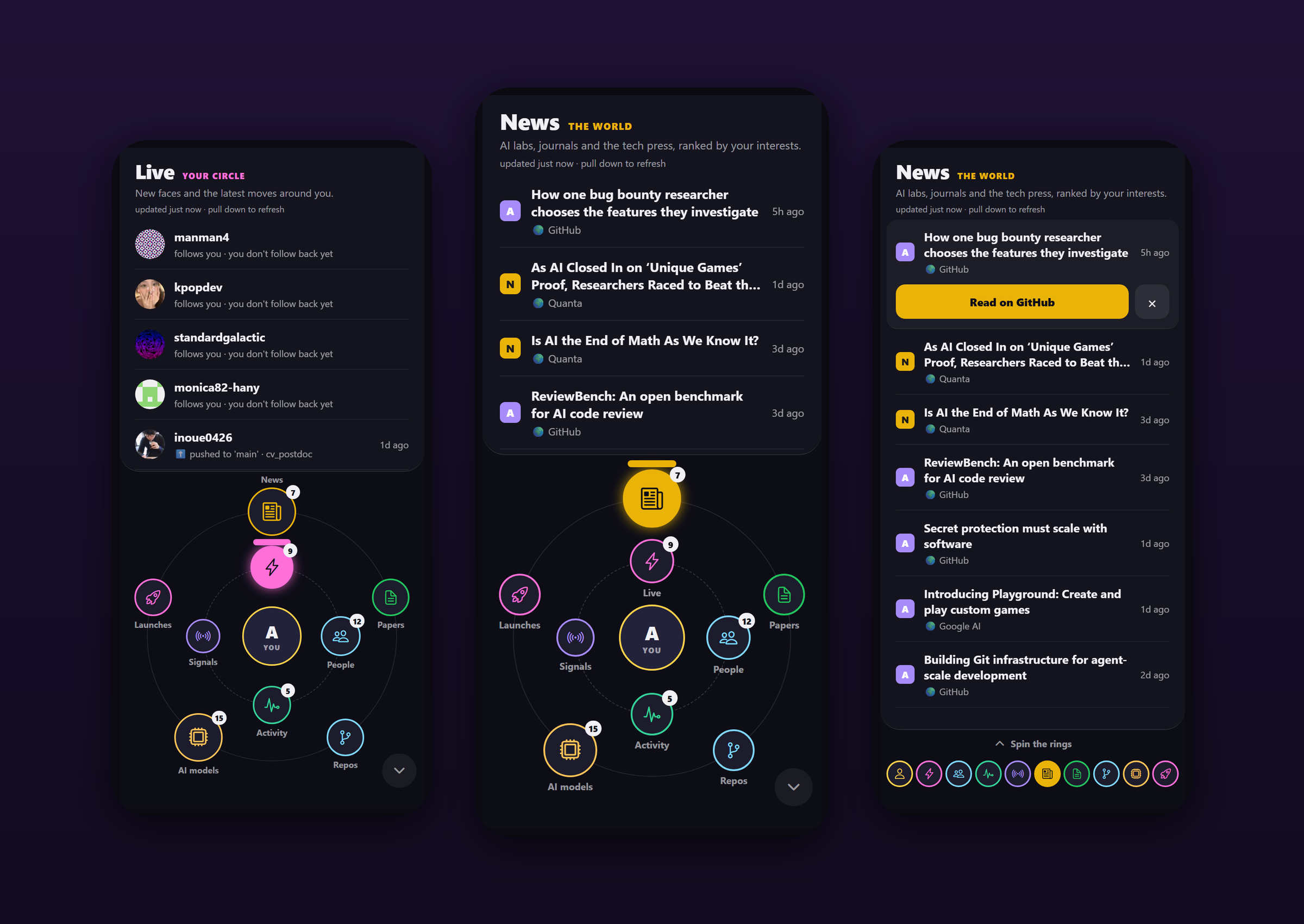 The myGeeKy phone app: the orbit, the news, and reading with the rings folded