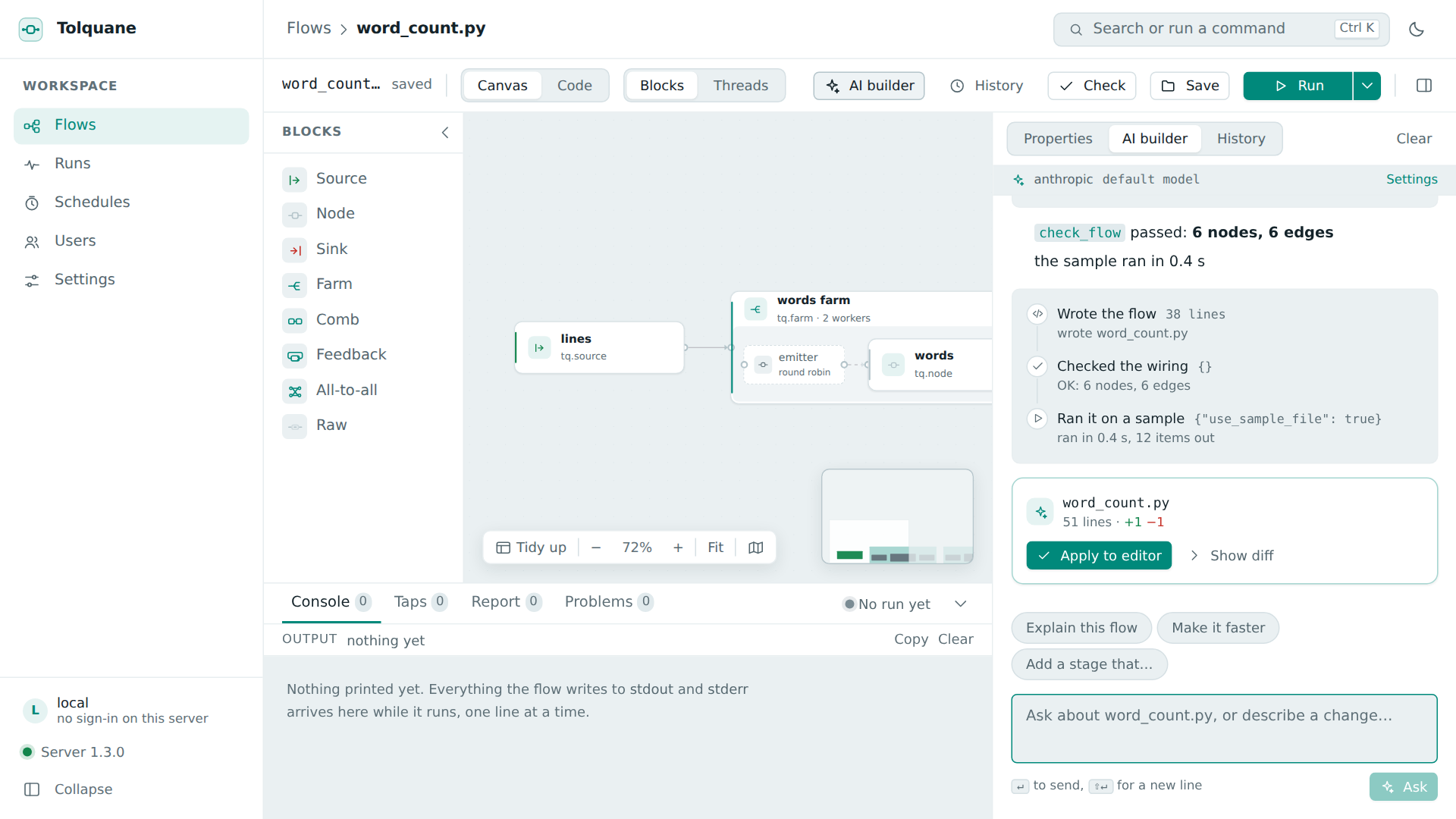 The AI builder panel: what it wrote, what it checked, what it ran, and the diff to apply
