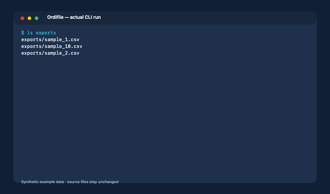 An actual Ordifile CLI conversion of three synthetic files