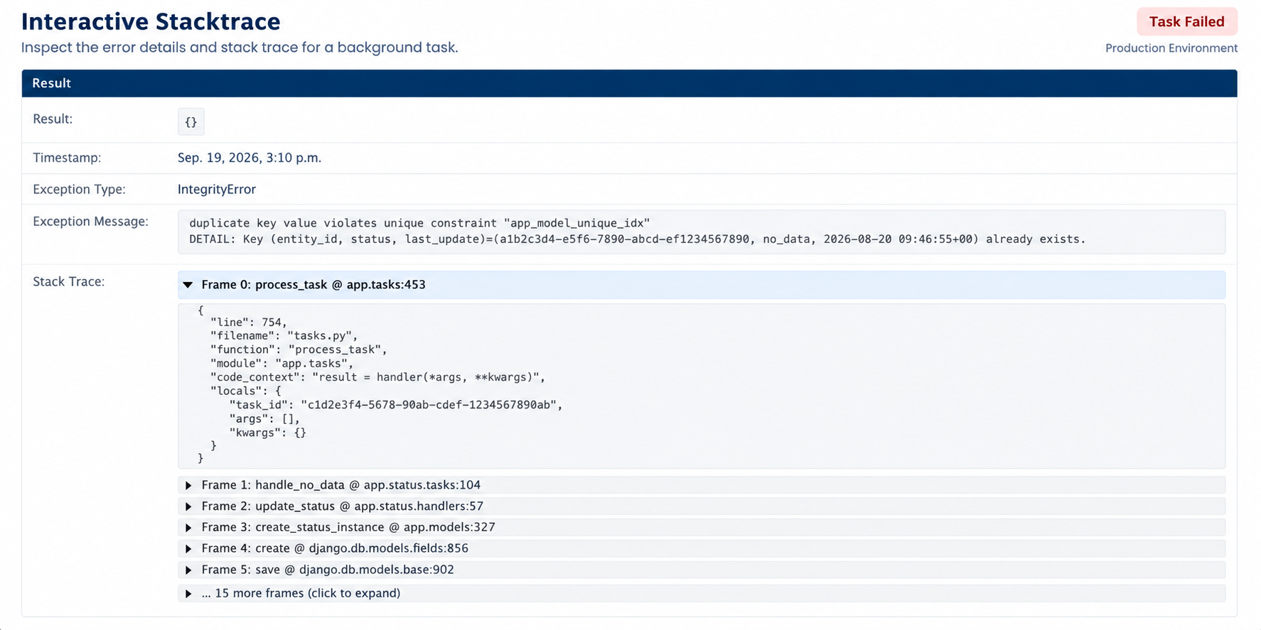 Django Celery Logs interactive stacktrace with context variables