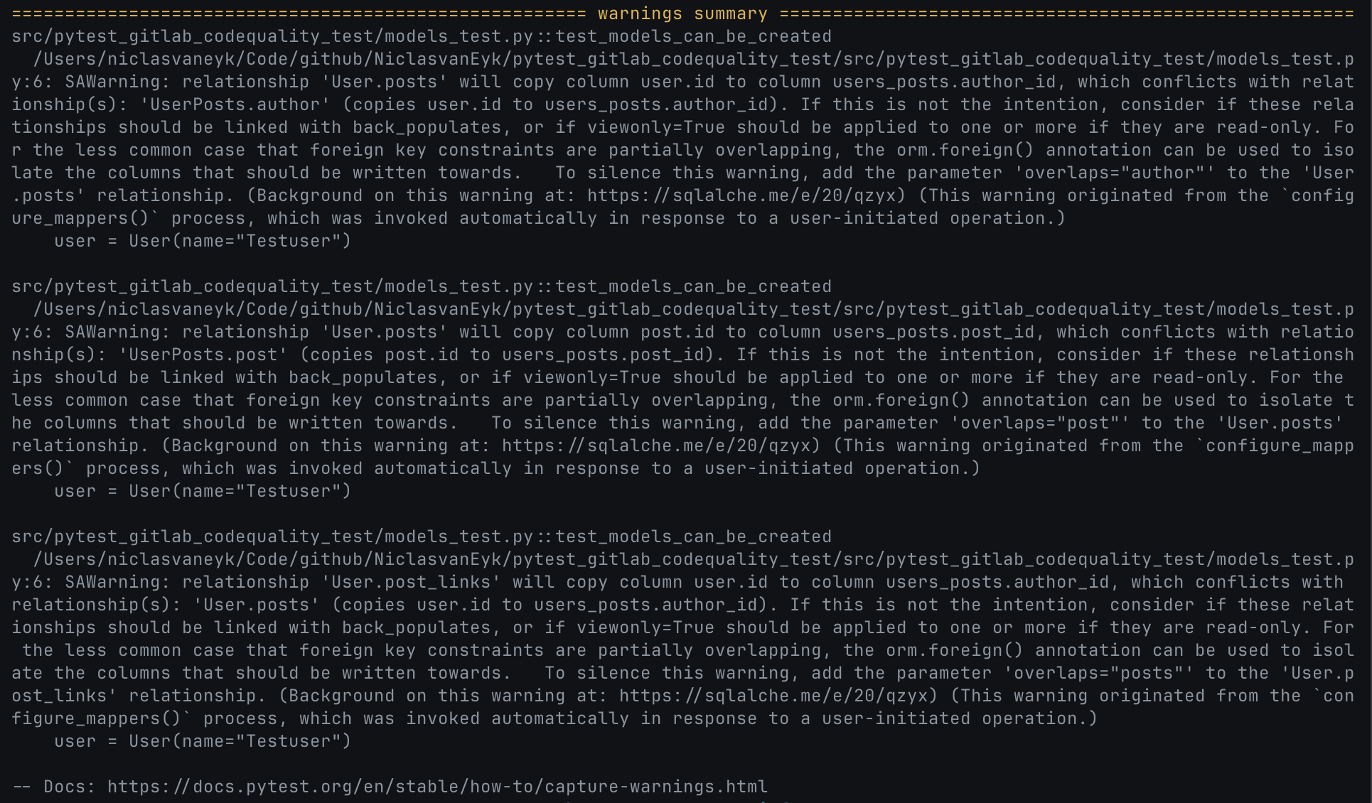 Pytest warnings in the terminal