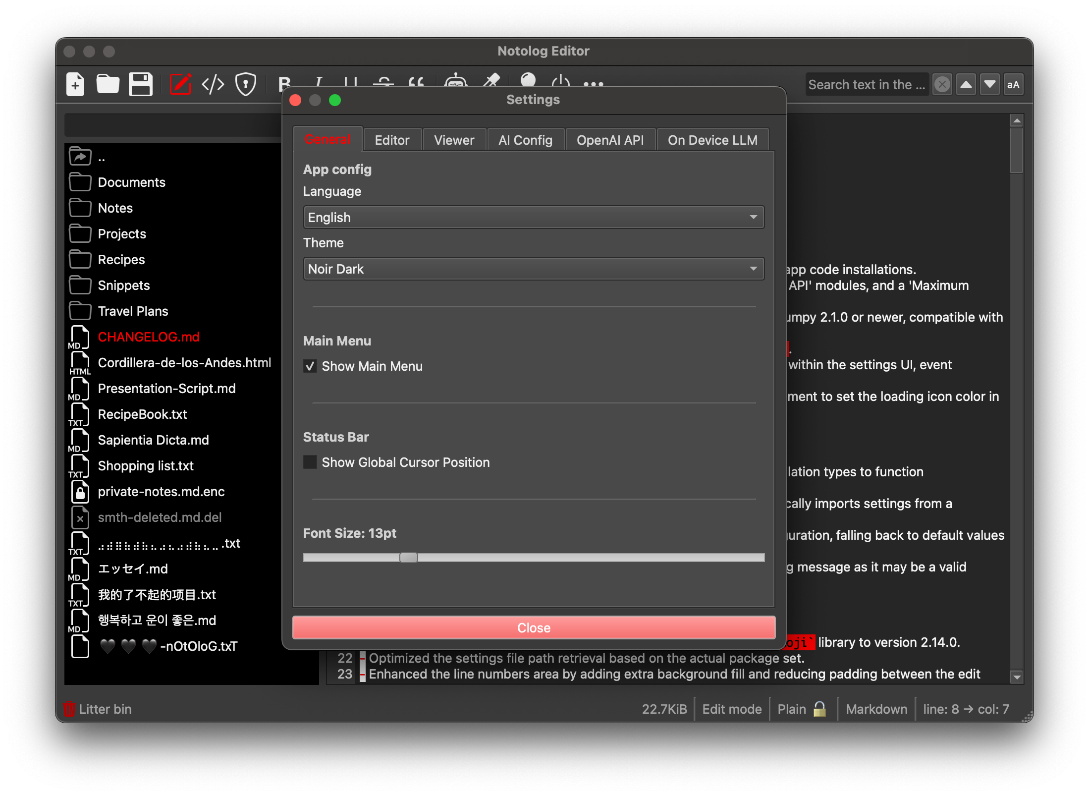 Notolog settings UI example