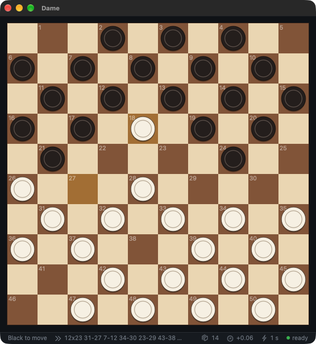 Dame.app, a native macOS board, in the middle of a game, with the engine's expected line, depth and score in the status bar