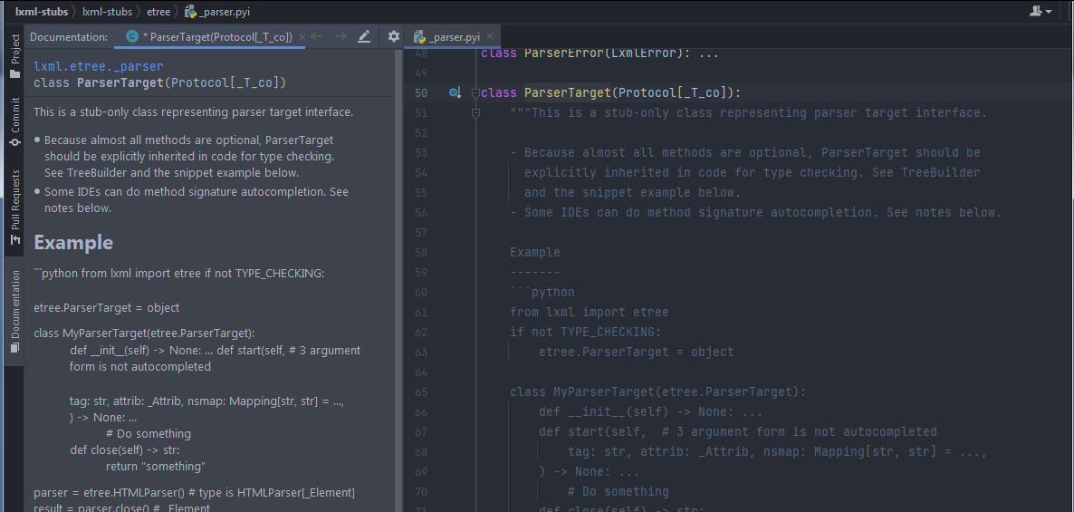 Stub docstring in PyCharm Documentation Tool