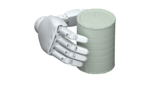 Robot hand grasping a sage cylinder in a white studio