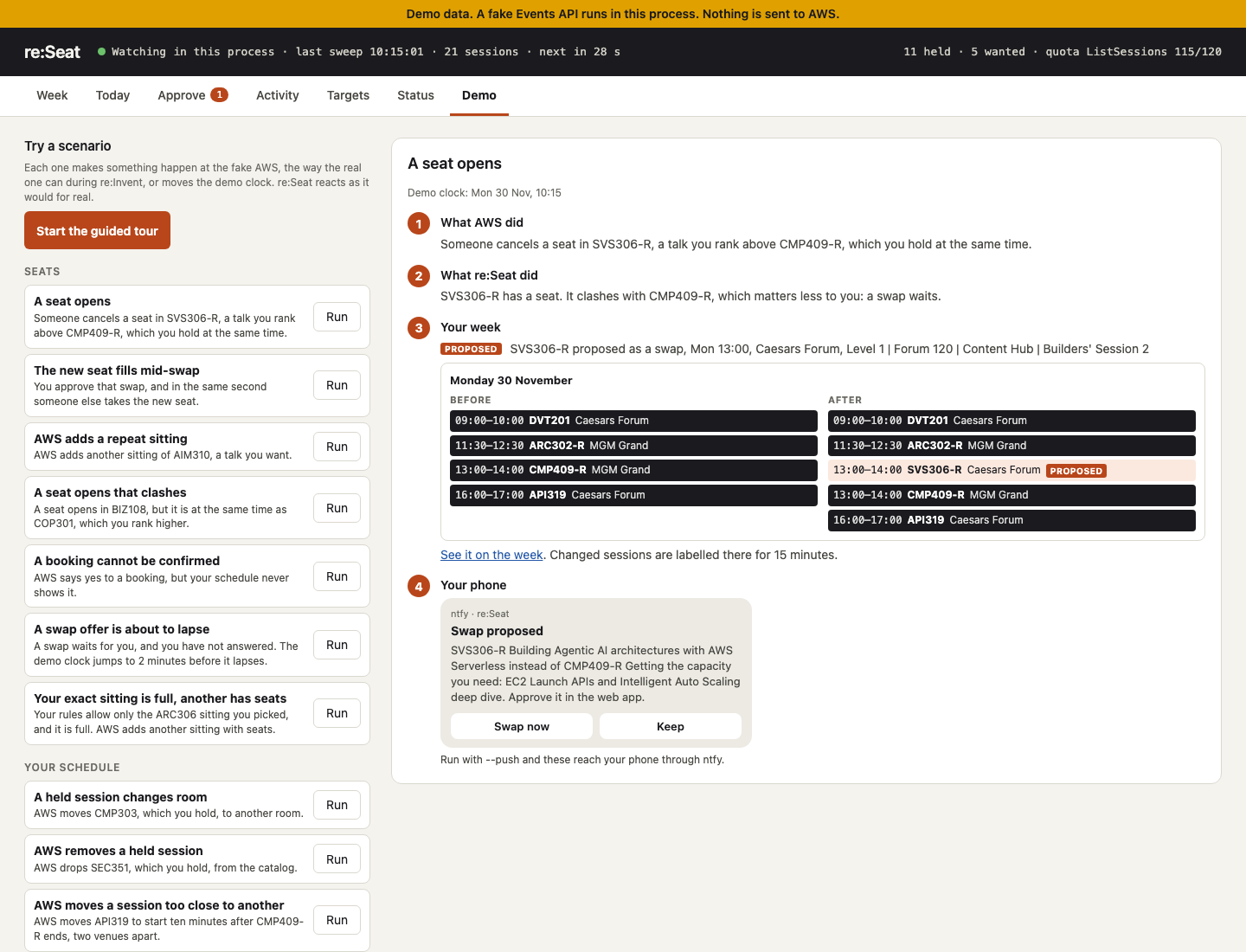 Demo page: a scenario list, and beside it what AWS did, what re:Seat did, the week before and after, and the phone's notification