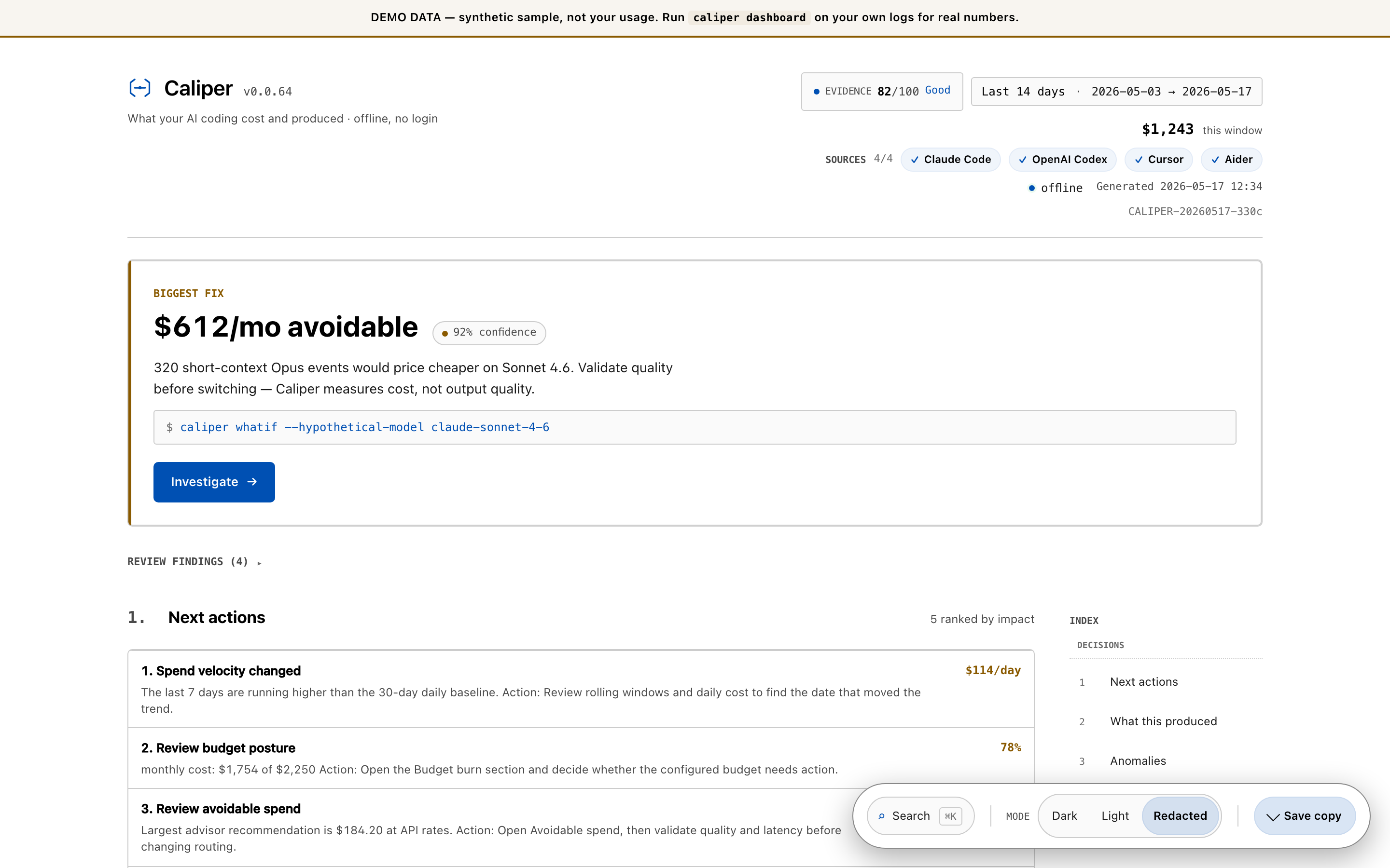 Caliper dashboard — verdict, KPIs, and next actions in Safe Share mode