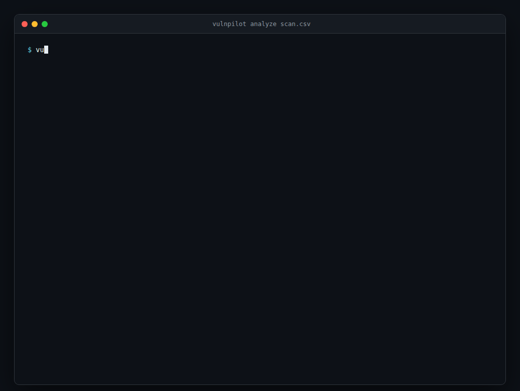 Animated demo of vulnpilot analyze scan.csv — running the command and getting back a prioritized findings table with KEV matches highlighted