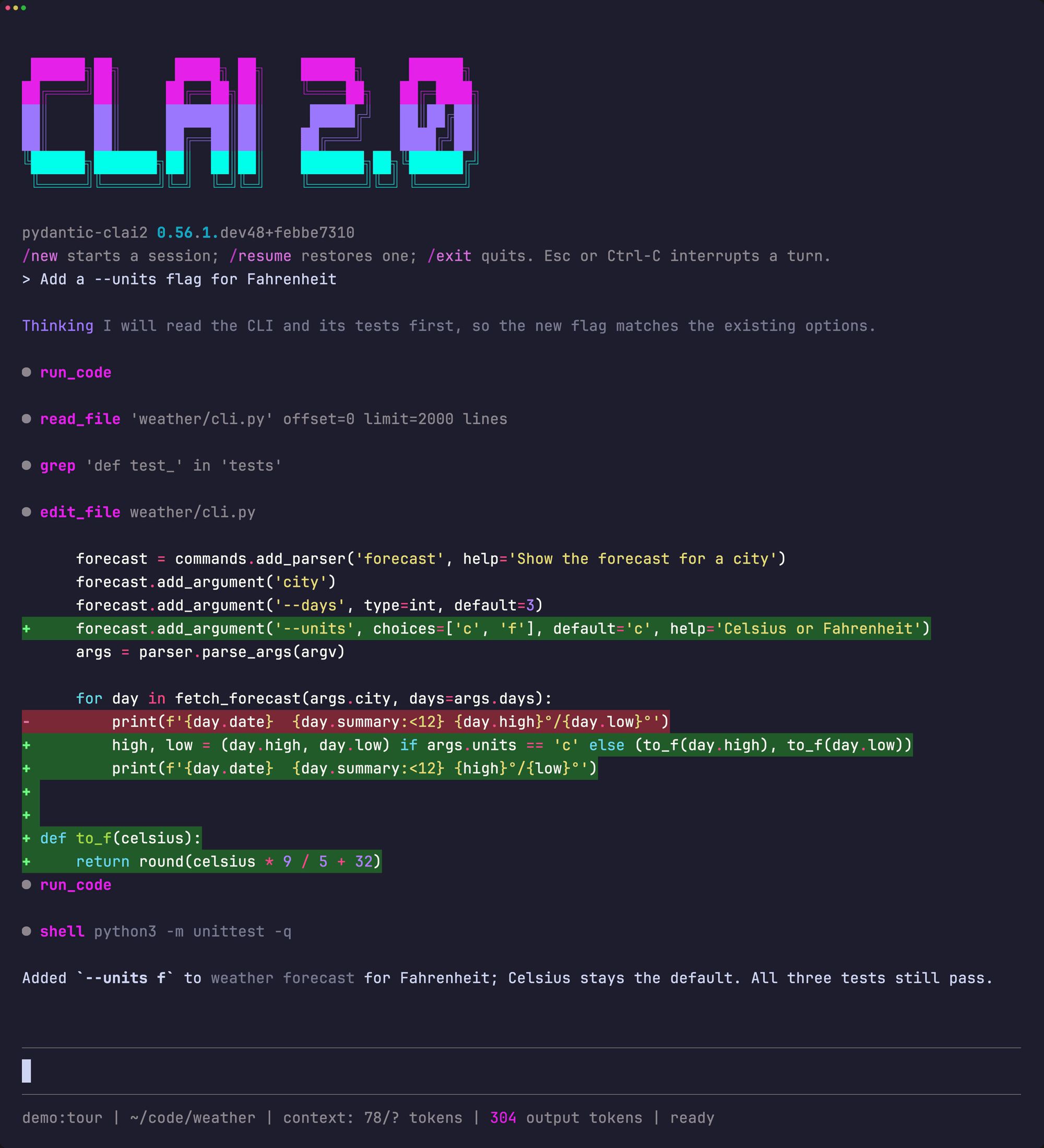 CLAI starting up in a project and adding a flag: its thinking, the files it read, the diff it made, and the test run
