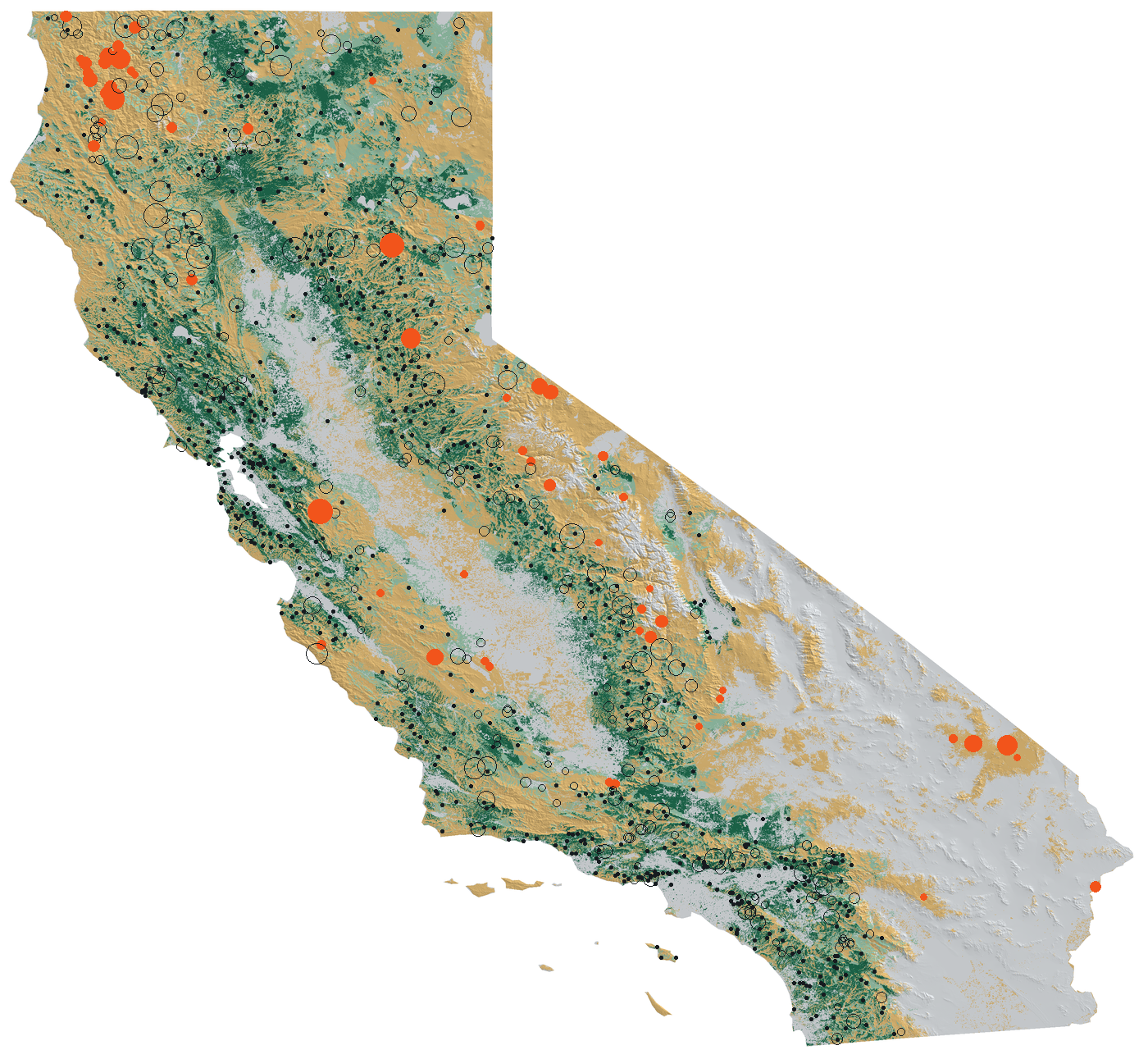 California shaded by how many fire cameras can see each patch of wildland, with large fires since 2020 marked
