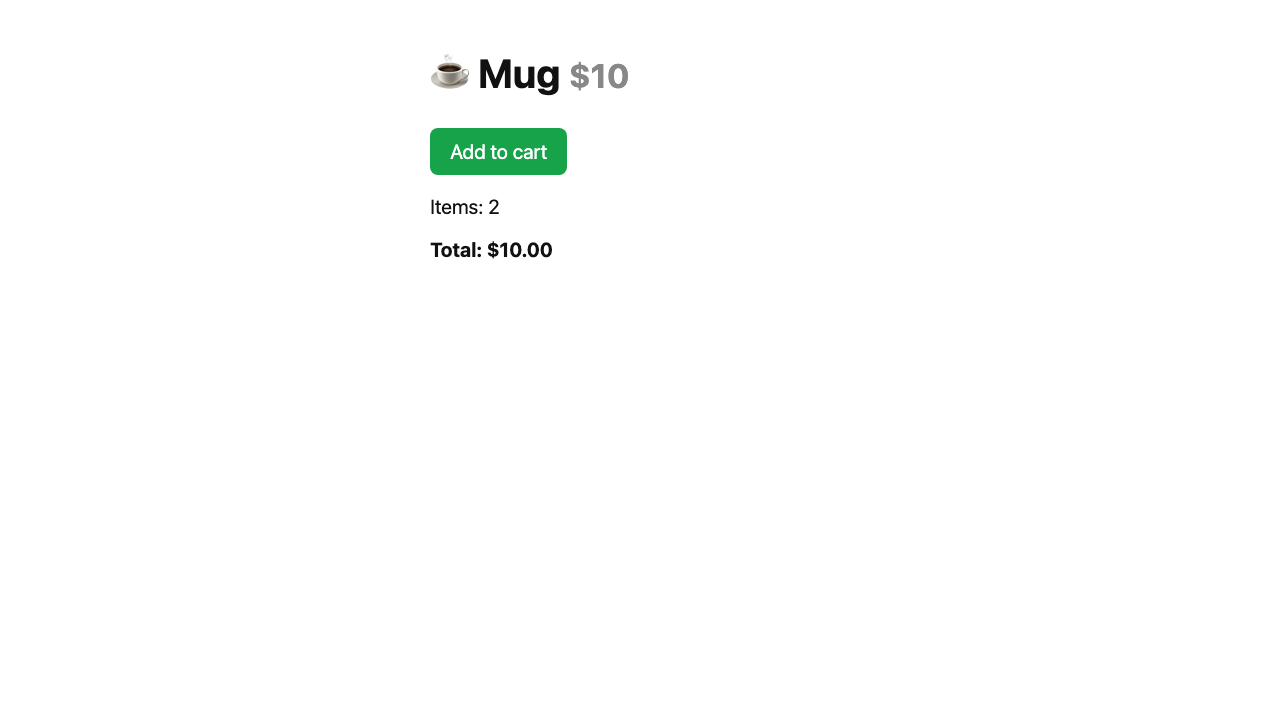 The failure screenshot Playwright saved: two mugs in the cart, total $10.00 instead of $20.00