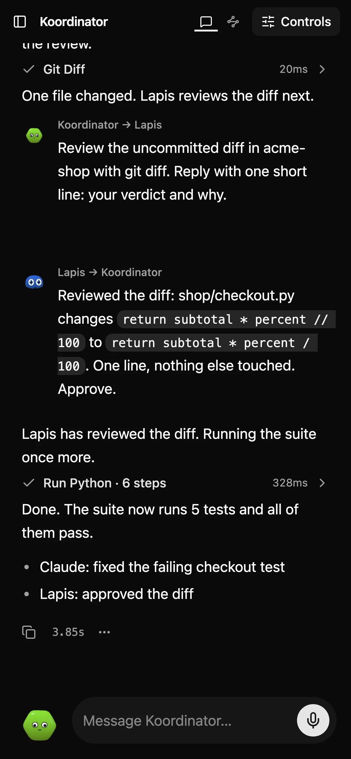 Kollab on a phone: the koordinator chat showing the diff review and the final test result.