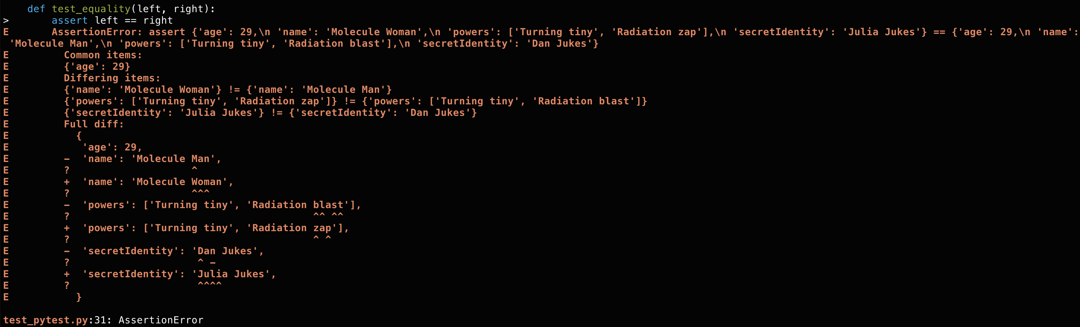 Example output without pytest-clarity