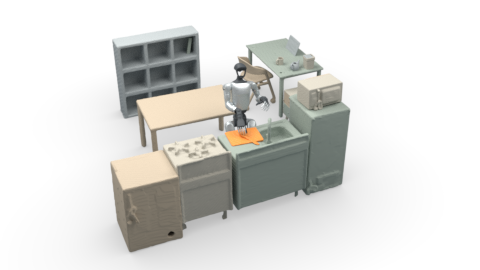 Rendered humanoid interacting with objects and furniture in a kitchen on a white background
