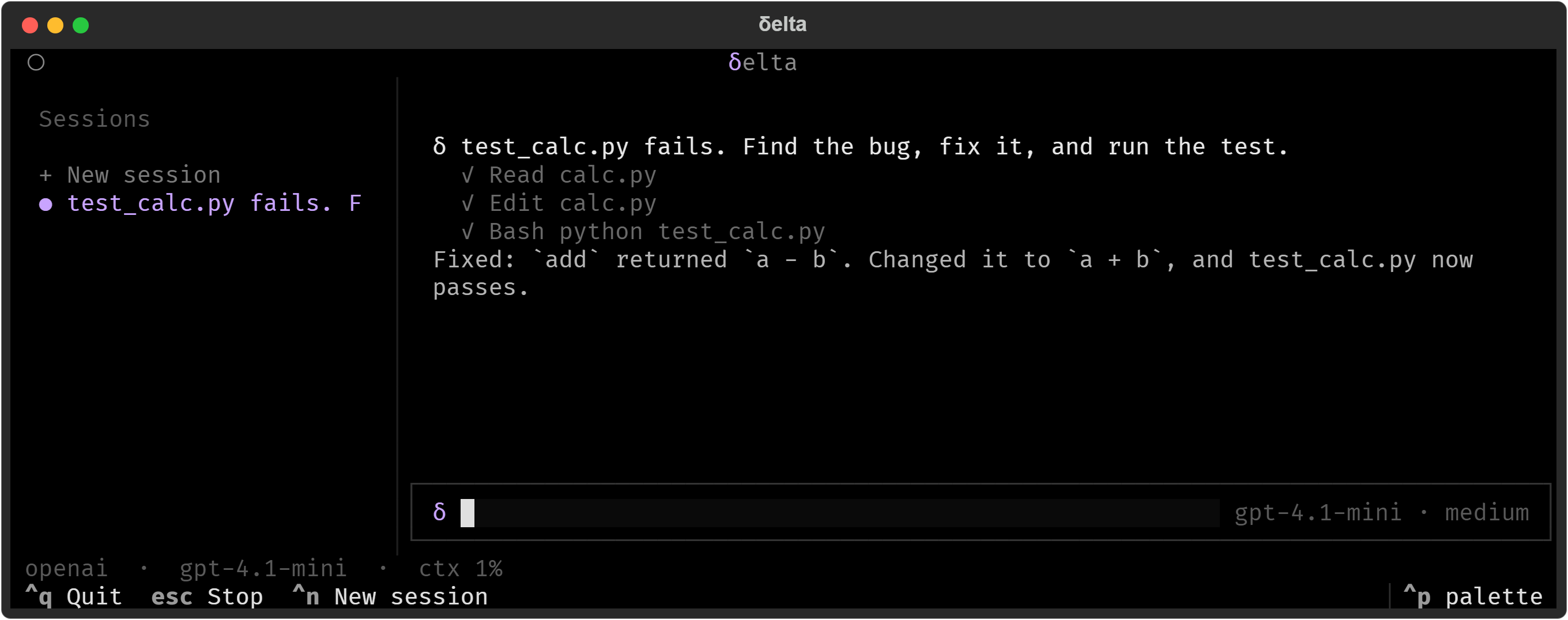 Delta's terminal UI fixing a failing test: it reads calc.py, edits it, runs the test, and reports the fix