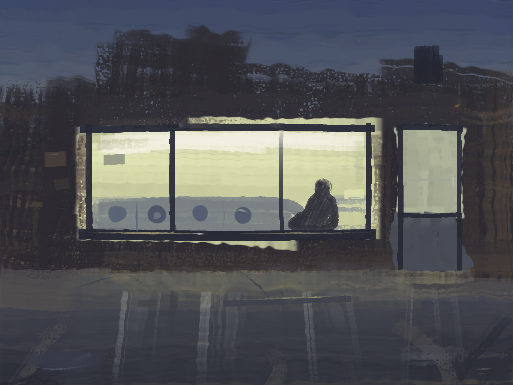A laundromat at night seen from the sidewalk opposite: a wide lit shopfront window set in a dark building, a row of washing machines with round doors inside it, one person sitting alone at the right-hand end, and the window's light broken into streaks down a wet road in the foreground