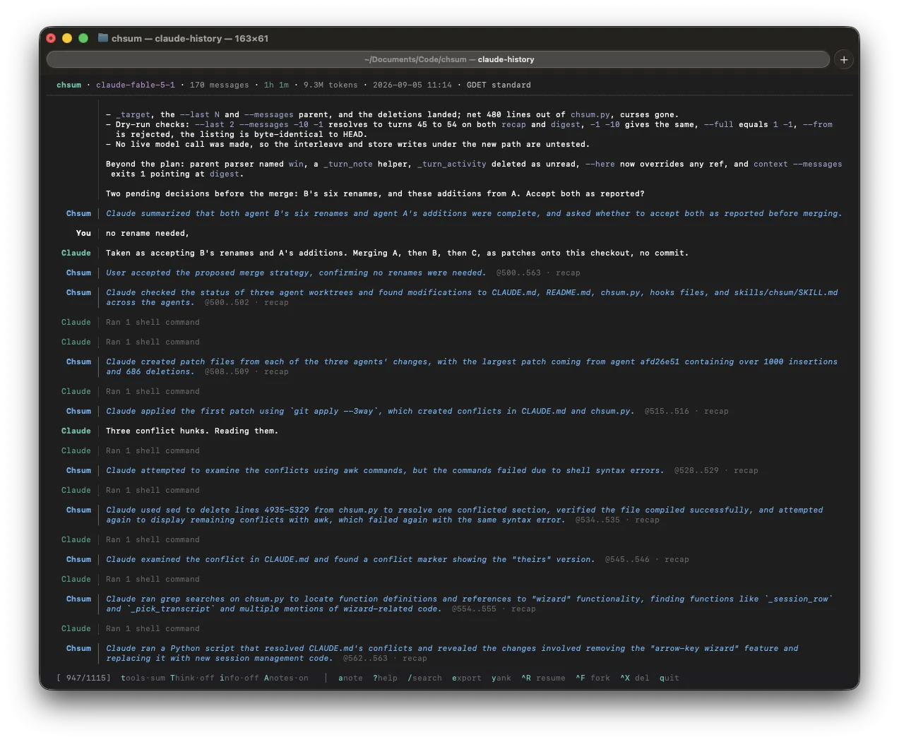 chsum notes shown at their rows in claude-history's viewer