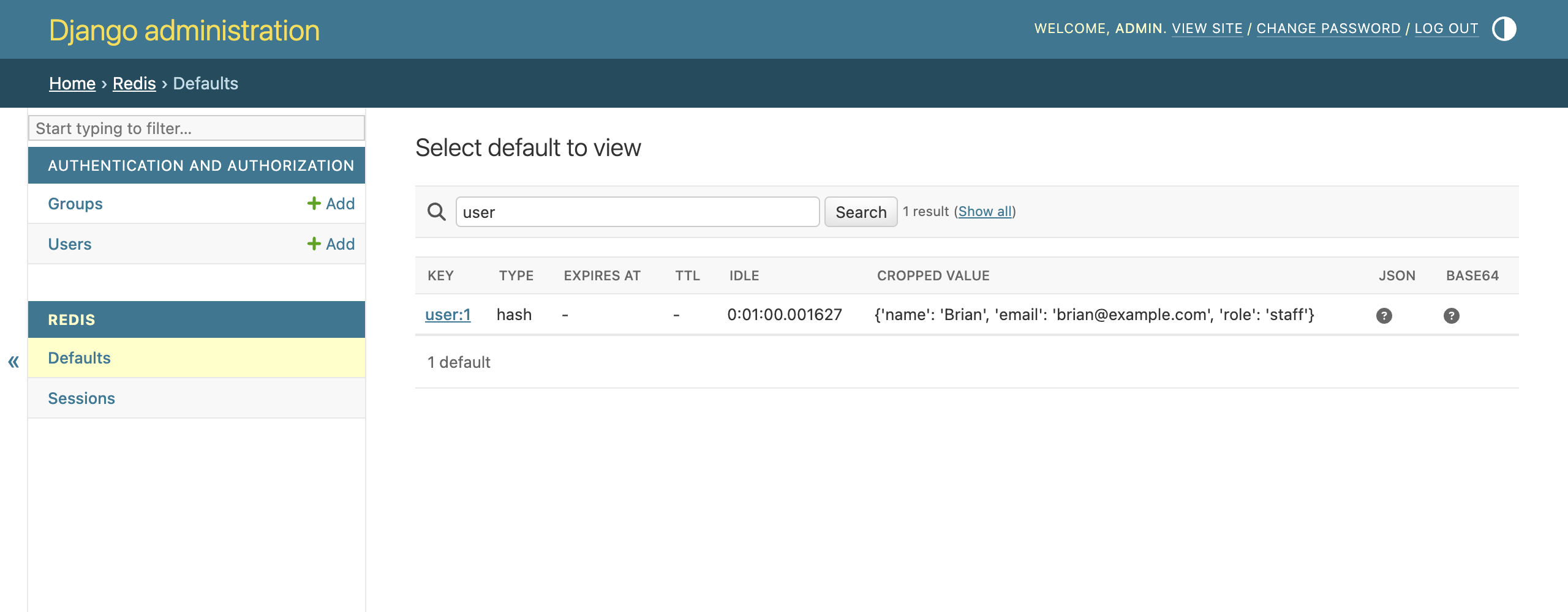 The key list filtered to a single user:1 hash after searching for user