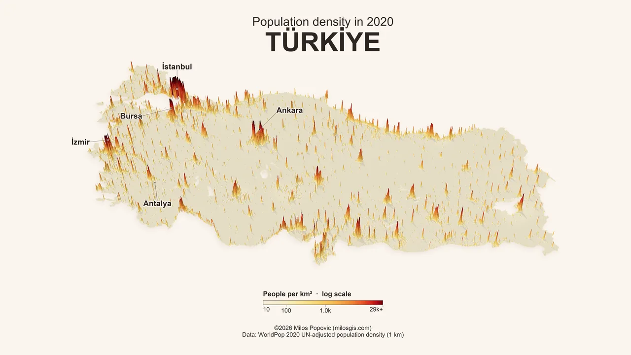 Turkiye seen at a low angle with population density extruded as thousands of spikes, Istanbul the tallest