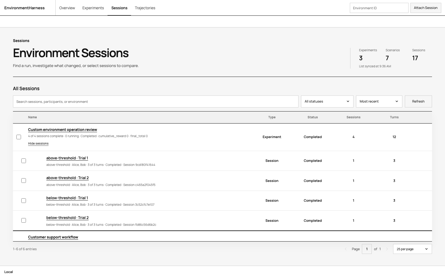 The EnvironmentHarness Sessions index showing grouped experiments and their environment sessions