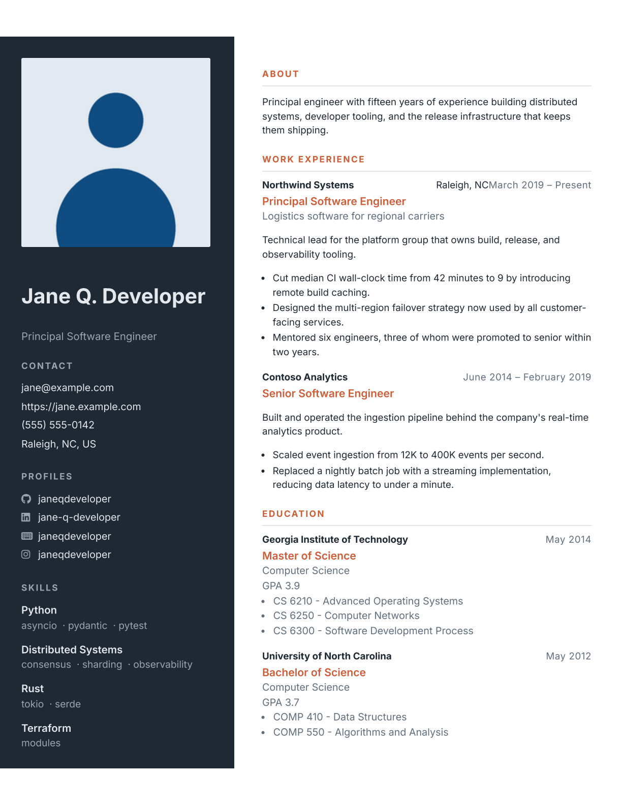 Sample resume generated from resume.json and sidebar.less