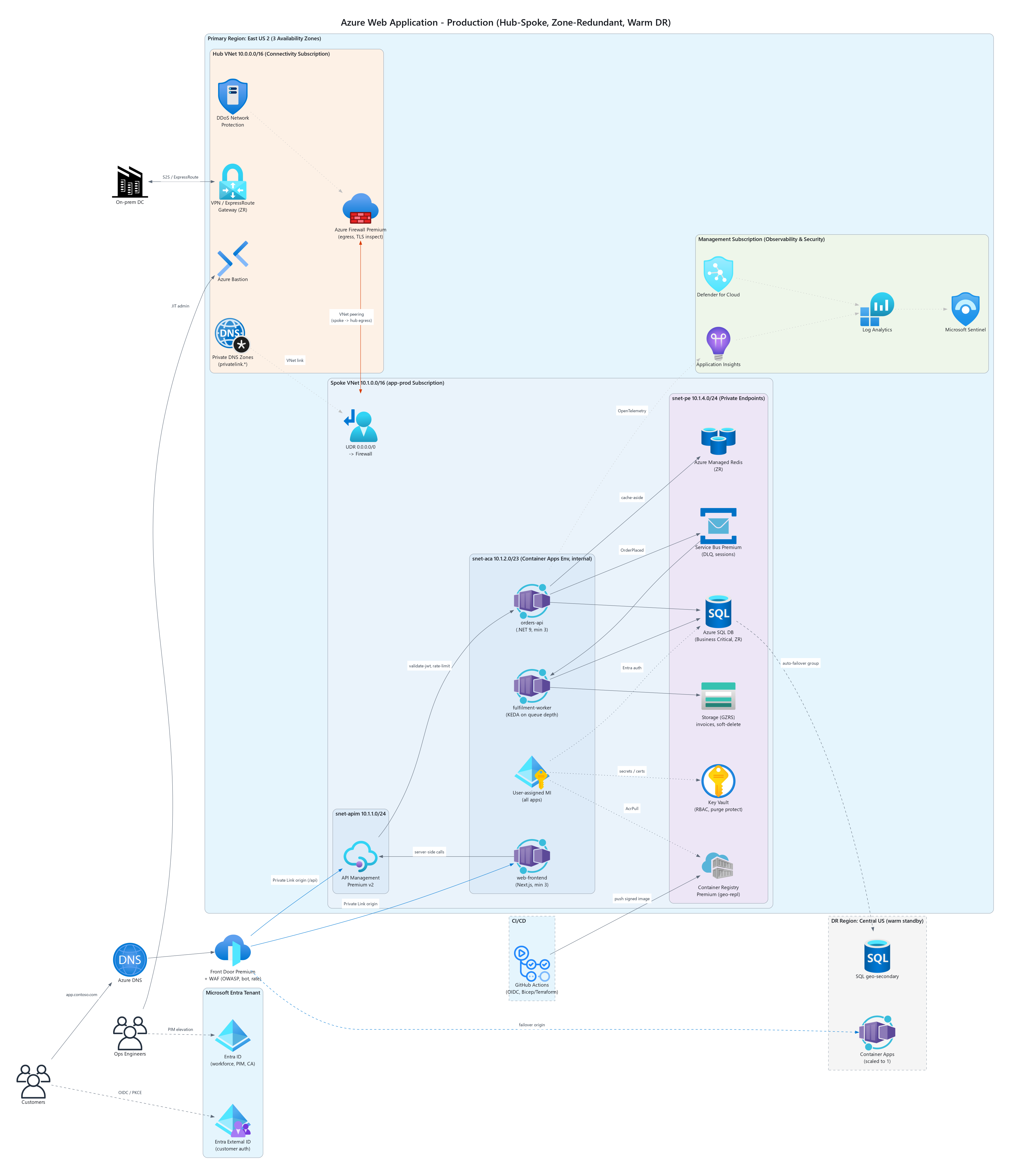 Azure web app, hub-spoke