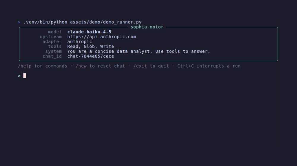 sophia-motor demo: console + tools + file write + chat memory