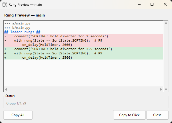 ClickNick Preview Changes showing a proposed ladder rung edit