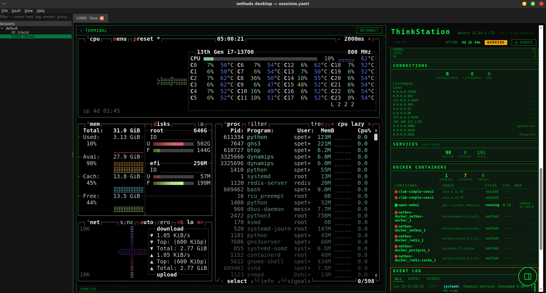 Cockpit layout — the SSH terminal docked beside the live telemetry column